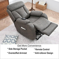 Fauteuil releveur électrique en tissu gris pour personnes âgées, avec télécommande, coussin surrembourré, poche latérale et structure robuste