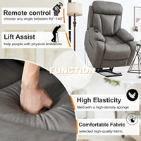 Fauteuil releveur électrique en tissu gris pour personnes âgées, avec télécommande, coussin surrembourré, poche latérale et structure robuste