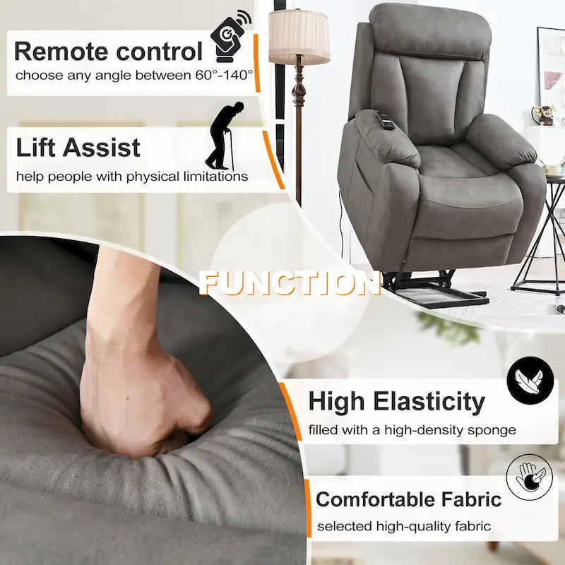 Fauteuil releveur électrique en tissu gris pour personnes âgées, avec télécommande, coussin surrembourré, poche latérale et structure robuste