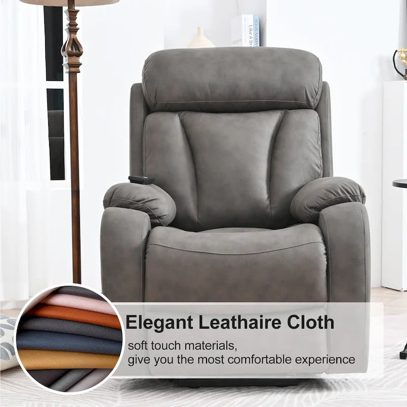 Fauteuil releveur électrique en tissu gris pour personnes âgées, avec télécommande, coussin surrembourré, poche latérale et structure robuste