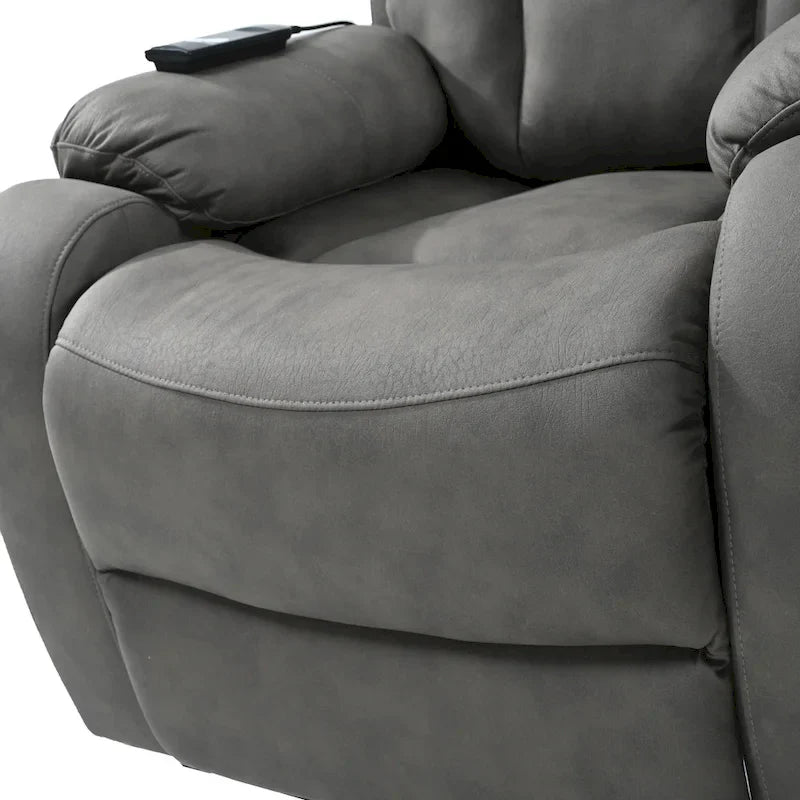 Fauteuil releveur électrique en tissu gris pour personnes âgées, avec télécommande, coussin surrembourré, poche latérale et structure robuste