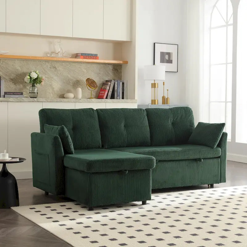 Canapé Modulable 3 Places Vert Forme L 81.1 pouces avec Méridienne Réversible et Rangement, Canapé-Lit en Velours Moelleux pour Salon