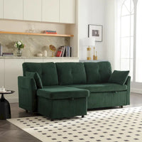 Canapé Modulable 3 Places Vert Forme L 81.1 pouces avec Méridienne Réversible et Rangement, Canapé-Lit en Velours Moelleux pour Salon