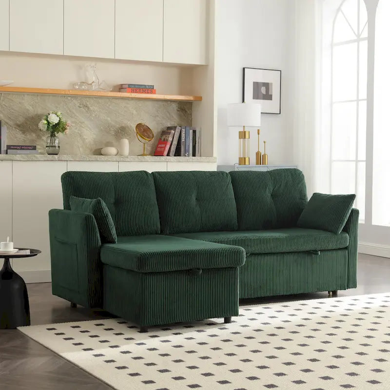 Canapé Modulable 3 Places Vert Forme L 81.1 pouces avec Méridienne Réversible et Rangement, Canapé-Lit en Velours Moelleux pour Salon