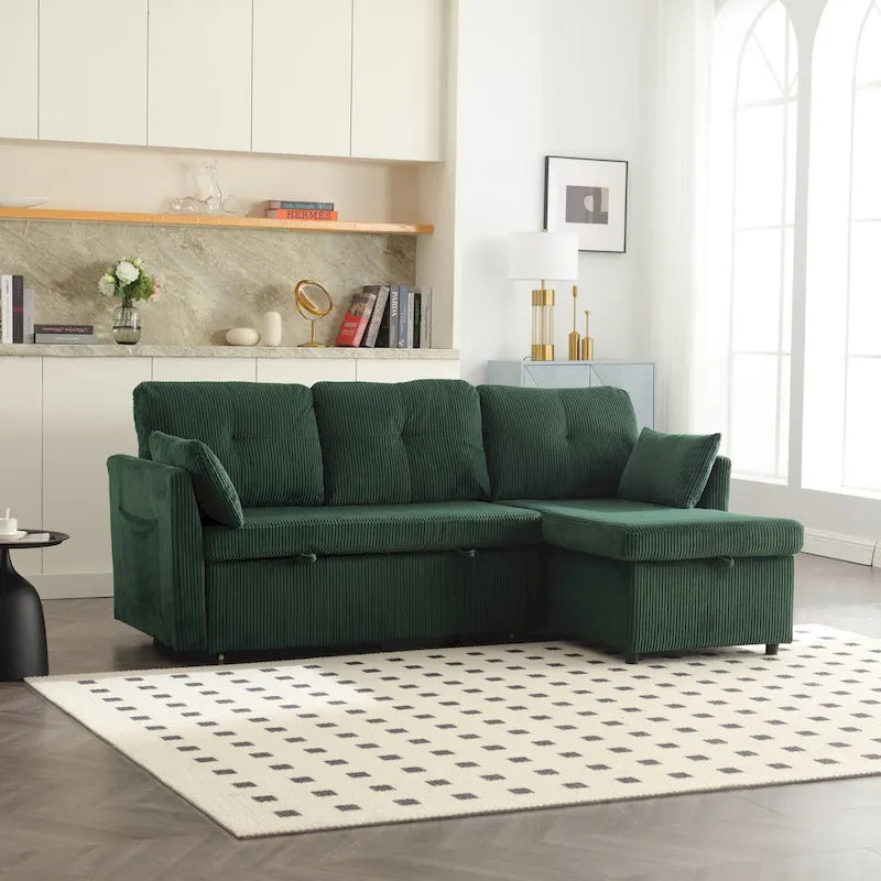Canapé Modulable 3 Places Vert Forme L 81.1 pouces avec Méridienne Réversible et Rangement, Canapé-Lit en Velours Moelleux pour Salon