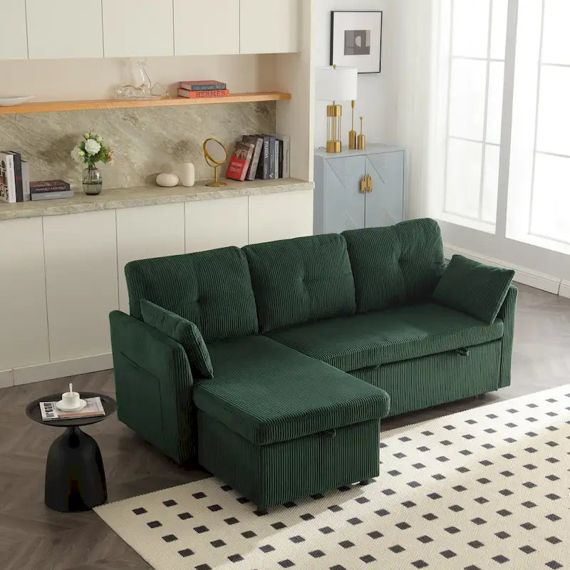 Canapé Modulable 3 Places Vert Forme L 81.1 pouces avec Méridienne Réversible et Rangement, Canapé-Lit en Velours Moelleux pour Salon