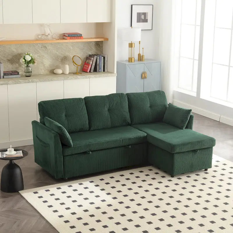 Canapé Modulable 3 Places Vert Forme L 81.1 pouces avec Méridienne Réversible et Rangement, Canapé-Lit en Velours Moelleux pour Salon