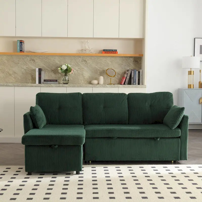 Canapé Modulable 3 Places Vert Forme L 81.1 pouces avec Méridienne Réversible et Rangement, Canapé-Lit en Velours Moelleux pour Salon