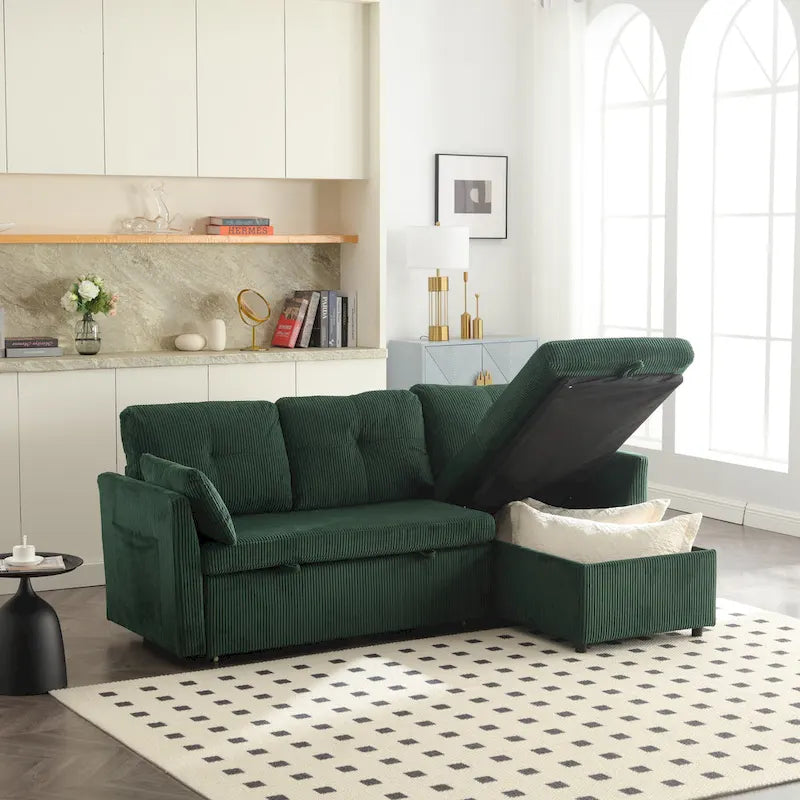 Canapé Modulable 3 Places Vert Forme L 81.1 pouces avec Méridienne Réversible et Rangement, Canapé-Lit en Velours Moelleux pour Salon