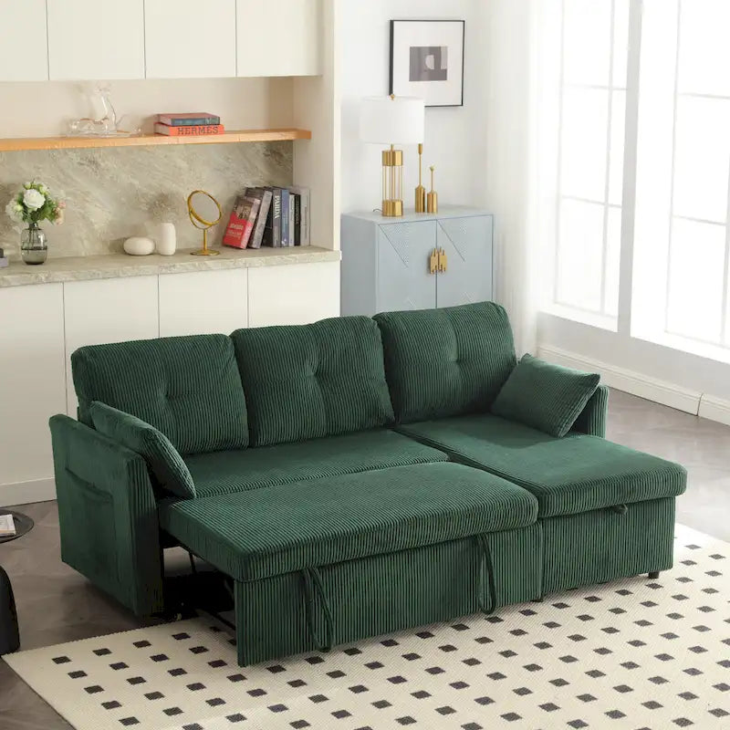 Canapé Modulable 3 Places Vert Forme L 81.1 pouces avec Méridienne Réversible et Rangement, Canapé-Lit en Velours Moelleux pour Salon