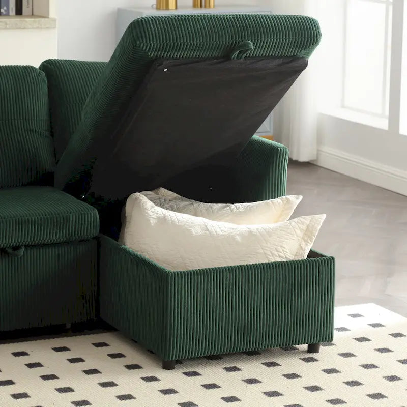 Canapé Modulable 3 Places Vert Forme L 81.1 pouces avec Méridienne Réversible et Rangement, Canapé-Lit en Velours Moelleux pour Salon