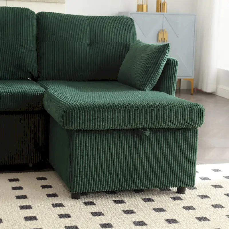 Canapé Modulable 3 Places Vert Forme L 81.1 pouces avec Méridienne Réversible et Rangement, Canapé-Lit en Velours Moelleux pour Salon