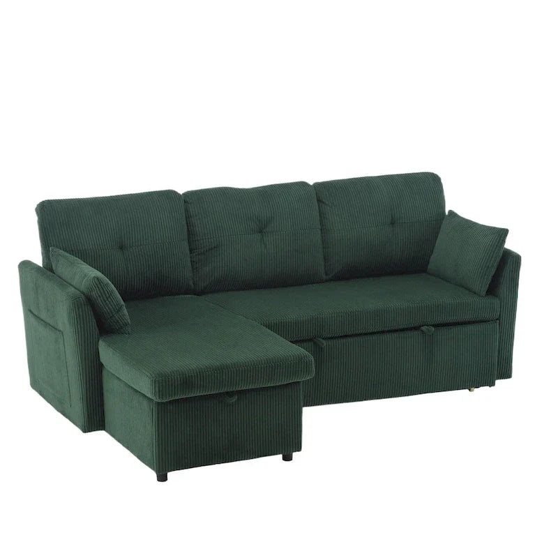 Canapé Modulable 3 Places Vert Forme L 81.1 pouces avec Méridienne Réversible et Rangement, Canapé-Lit en Velours Moelleux pour Salon
