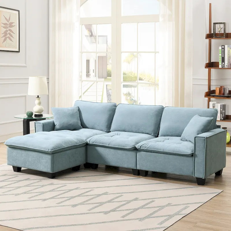 Canapé d'angle convertible en L 4 places avec pouf amovible et coussins assortis, revêtement en velours suédine