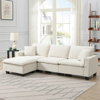 Canapé d'angle convertible en L 4 places avec pouf amovible et coussins assortis, revêtement en velours suédine