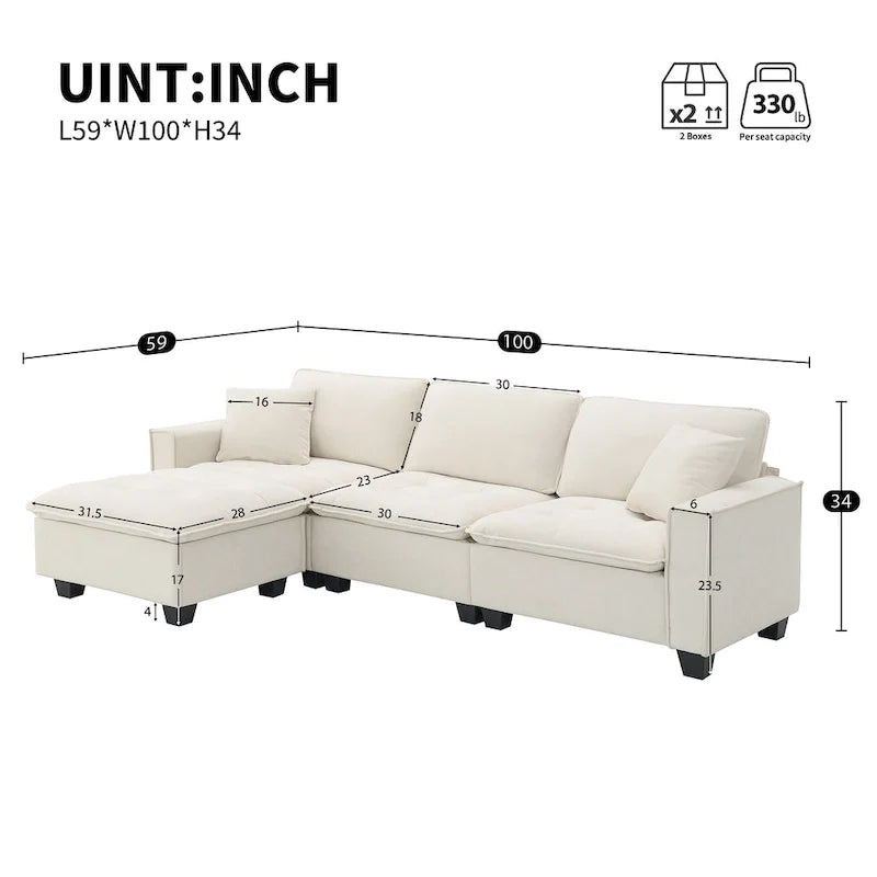Canapé d'angle convertible en L 4 places avec pouf amovible et coussins assortis, revêtement en velours suédine
