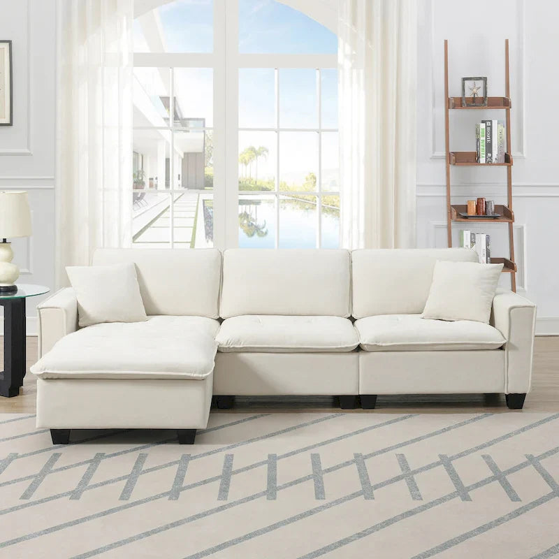 Canapé d'angle convertible en L 4 places avec pouf amovible et coussins assortis, revêtement en velours suédine
