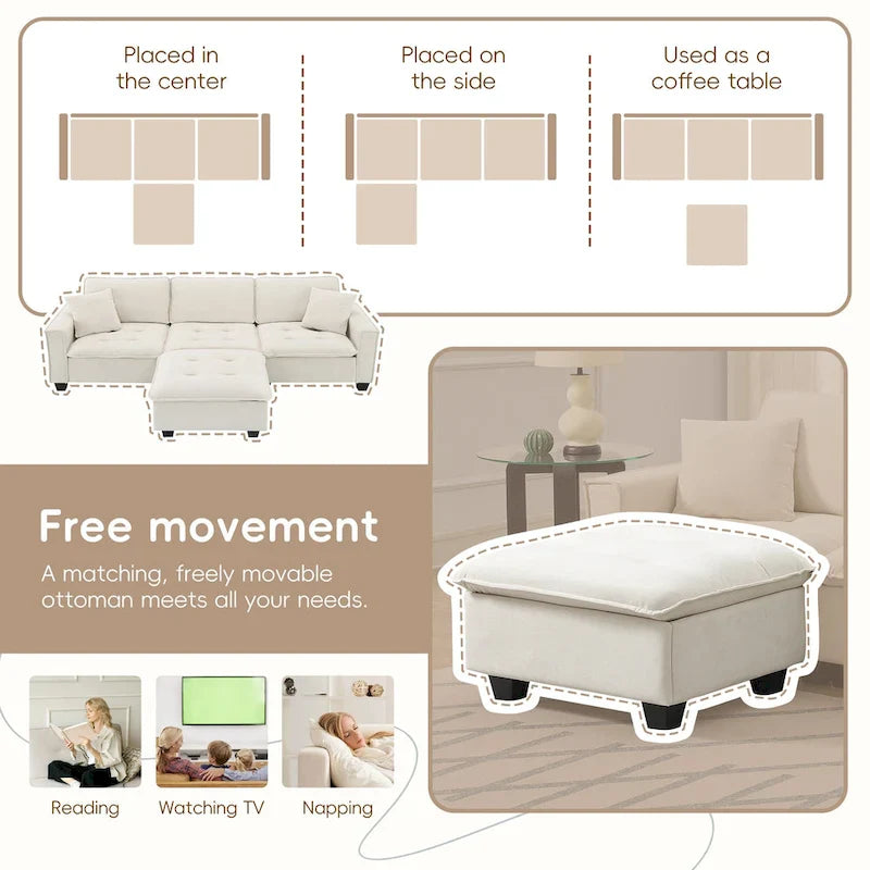 Canapé d'angle convertible en L 4 places avec pouf amovible et coussins assortis, revêtement en velours suédine