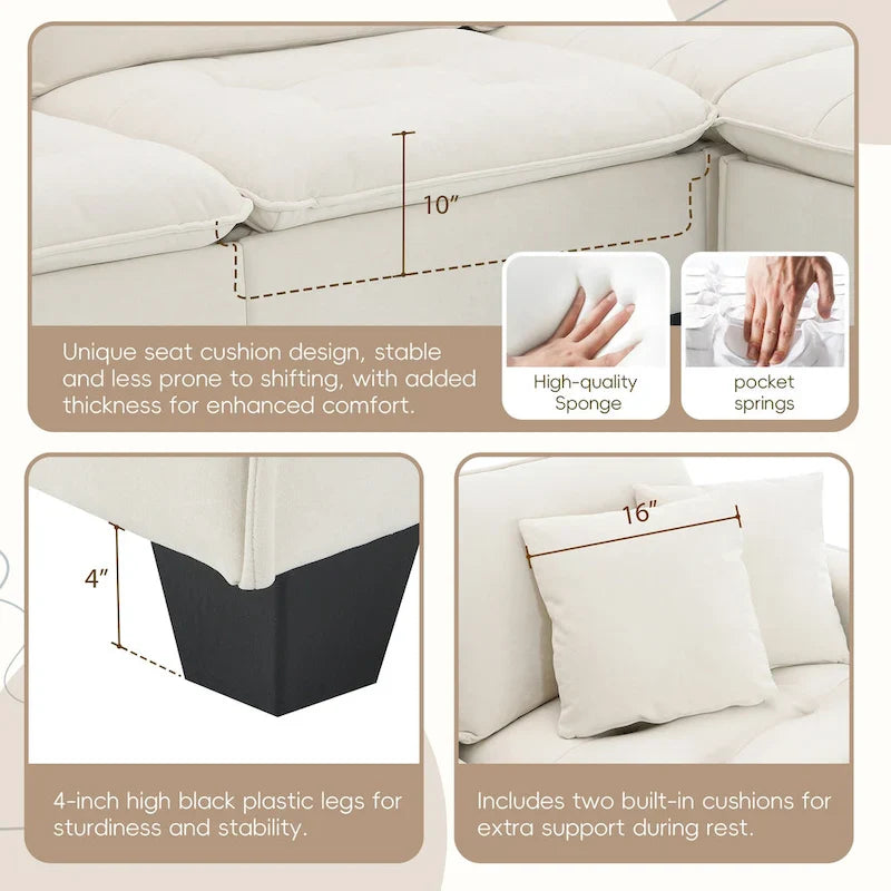 Canapé d'angle convertible en L 4 places avec pouf amovible et coussins assortis, revêtement en velours suédine