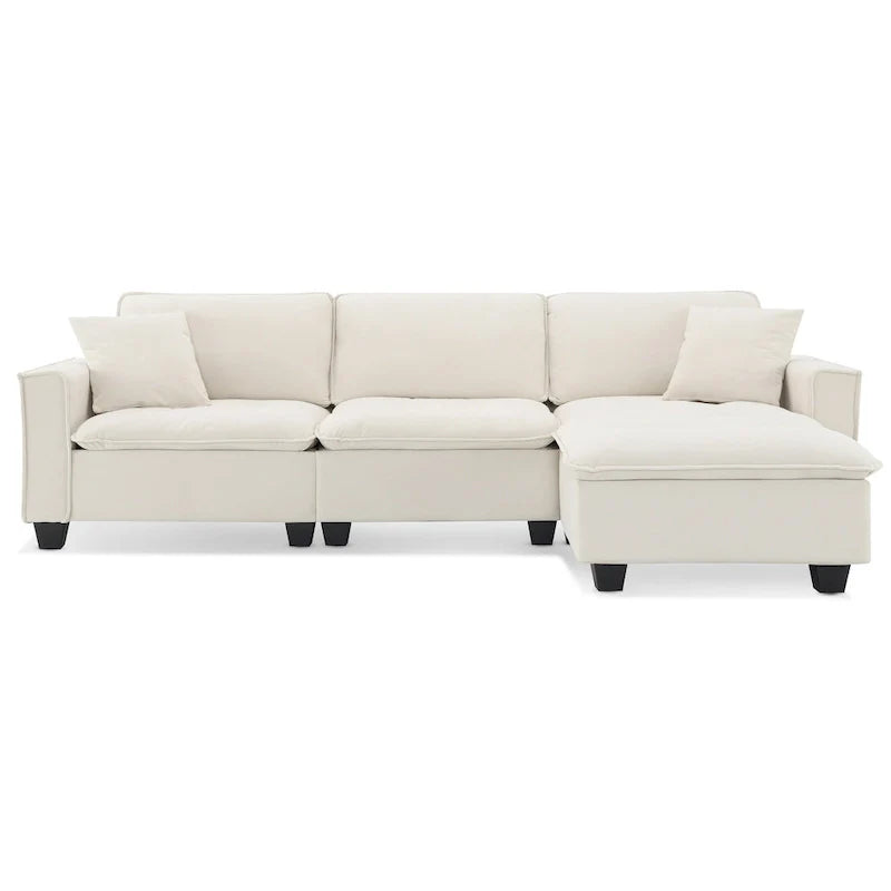 Canapé d'angle convertible en L 4 places avec pouf amovible et coussins assortis, revêtement en velours suédine