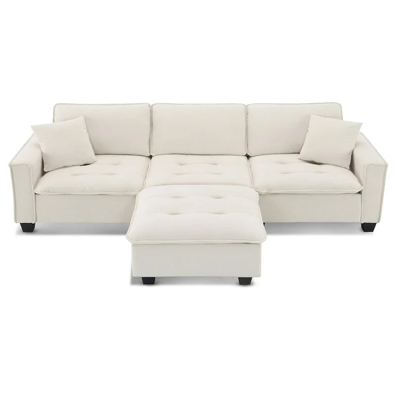 Canapé d'angle convertible en L 4 places avec pouf amovible et coussins assortis, revêtement en velours suédine
