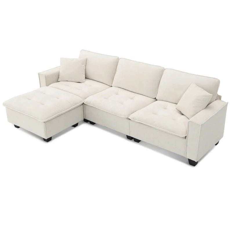 Canapé d'angle convertible en L 4 places avec pouf amovible et coussins assortis, revêtement en velours suédine