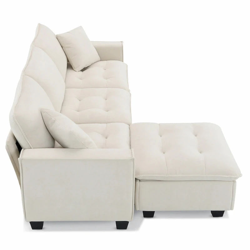 Canapé d'angle convertible en L 4 places avec pouf amovible et coussins assortis, revêtement en velours suédine