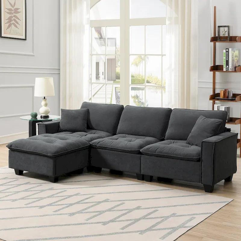 Canapé d'angle convertible en L 4 places avec pouf amovible et coussins assortis, revêtement en velours suédine