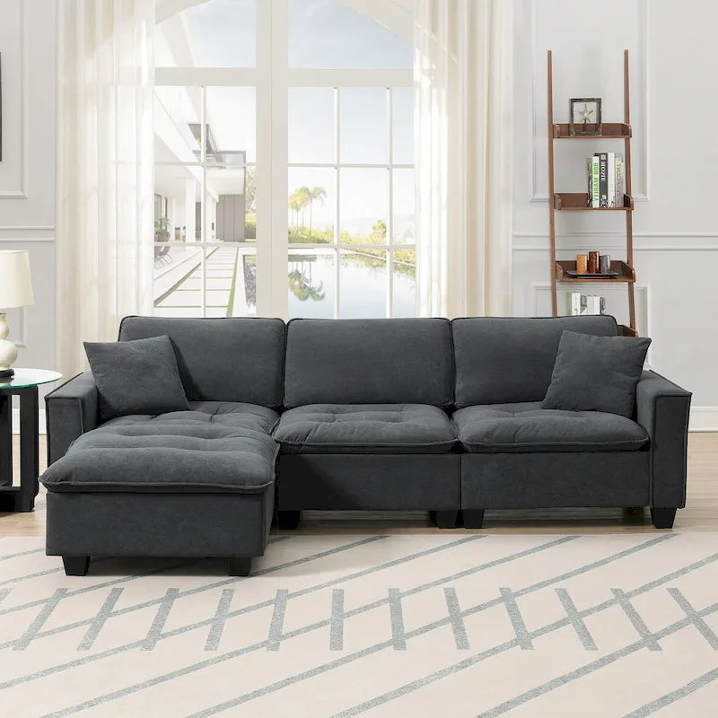 Canapé d'angle convertible en L 4 places avec pouf amovible et coussins assortis, revêtement en velours suédine