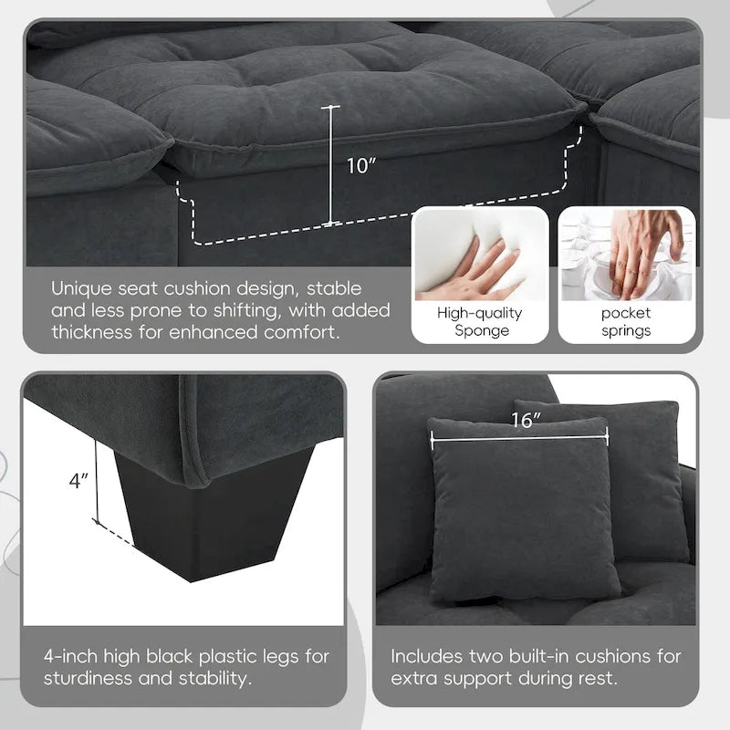 Canapé d'angle convertible en L 4 places avec pouf amovible et coussins assortis, revêtement en velours suédine