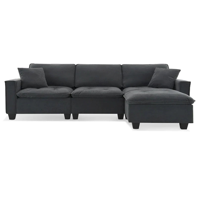 Canapé d'angle convertible en L 4 places avec pouf amovible et coussins assortis, revêtement en velours suédine