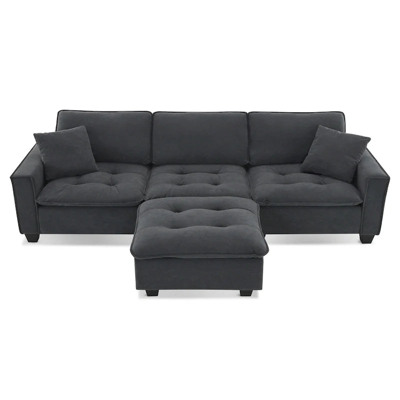 Canapé d'angle convertible en L 4 places avec pouf amovible et coussins assortis, revêtement en velours suédine