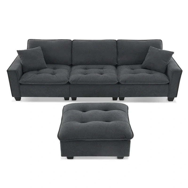 Canapé d'angle convertible en L 4 places avec pouf amovible et coussins assortis, revêtement en velours suédine