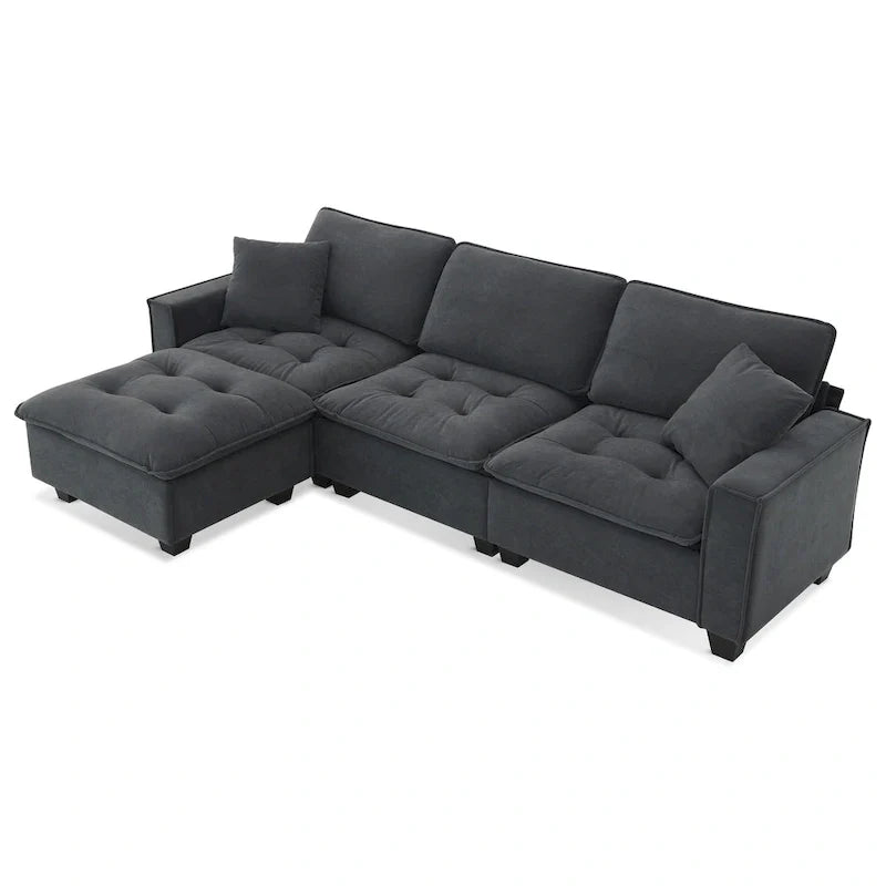 Canapé d'angle convertible en L 4 places avec pouf amovible et coussins assortis, revêtement en velours suédine