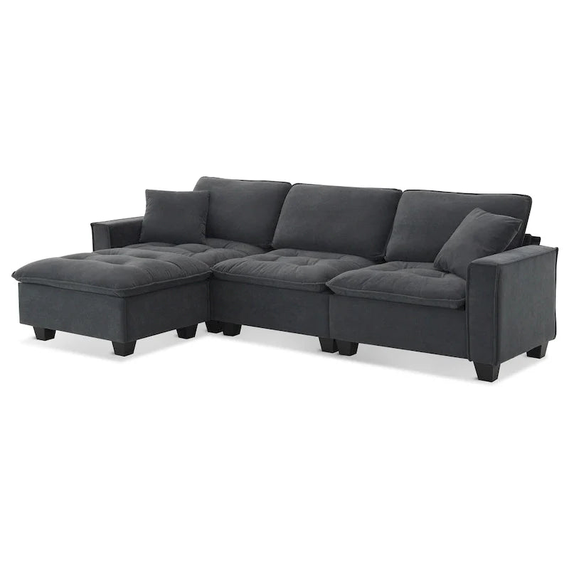 Canapé d'angle convertible en L 4 places avec pouf amovible et coussins assortis, revêtement en velours suédine