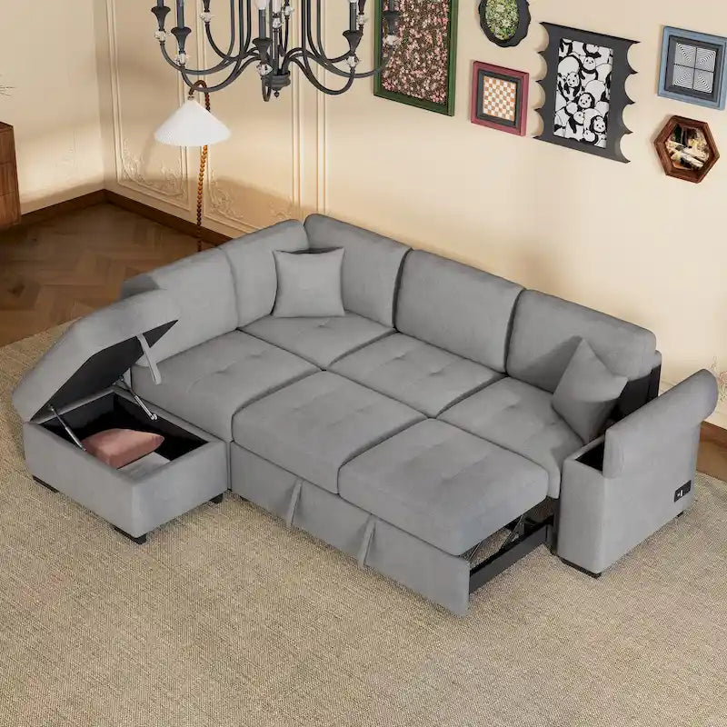 Canapé sectionnel 84.75 en forme de L 5 places avec lit escamotable, ottoman de rangement, rangement d'accoudoir dissimulé & charge USB
