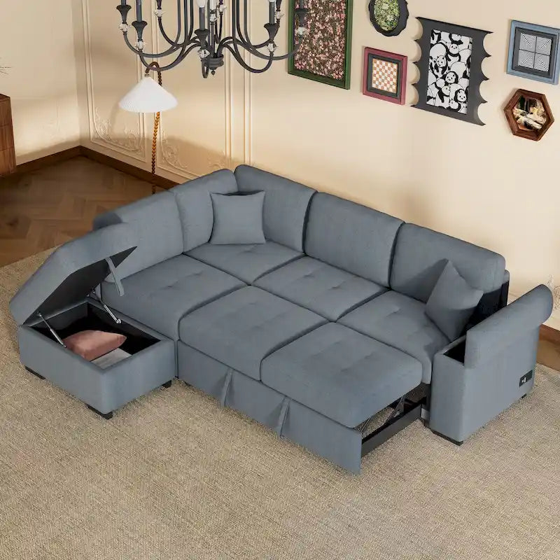 Canapé sectionnel 84.75 en forme de L 5 places avec lit escamotable, ottoman de rangement, rangement d'accoudoir dissimulé & charge USB