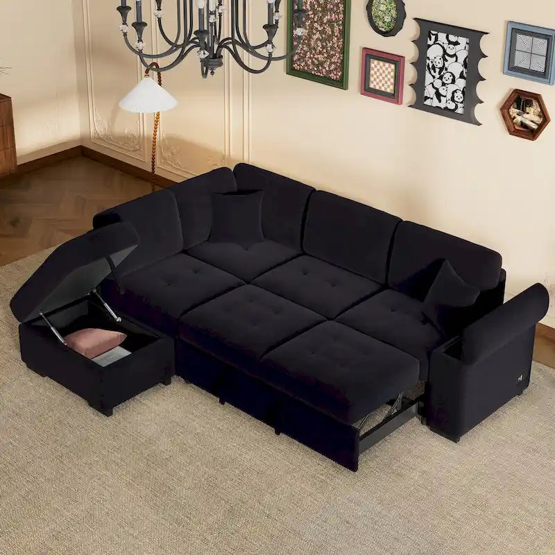 Canapé sectionnel 84.75 en forme de L 5 places avec lit escamotable, ottoman de rangement, rangement d'accoudoir dissimulé & charge USB