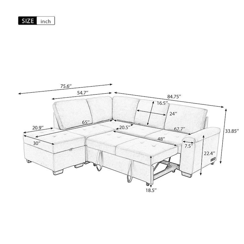 Canapé sectionnel 84.75 en forme de L 5 places avec lit escamotable, ottoman de rangement, rangement d'accoudoir dissimulé & charge USB