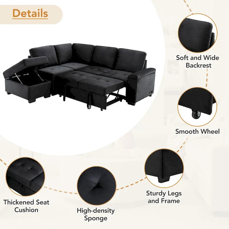 Canapé sectionnel 84.75 en forme de L 5 places avec lit escamotable, ottoman de rangement, rangement d'accoudoir dissimulé & charge USB