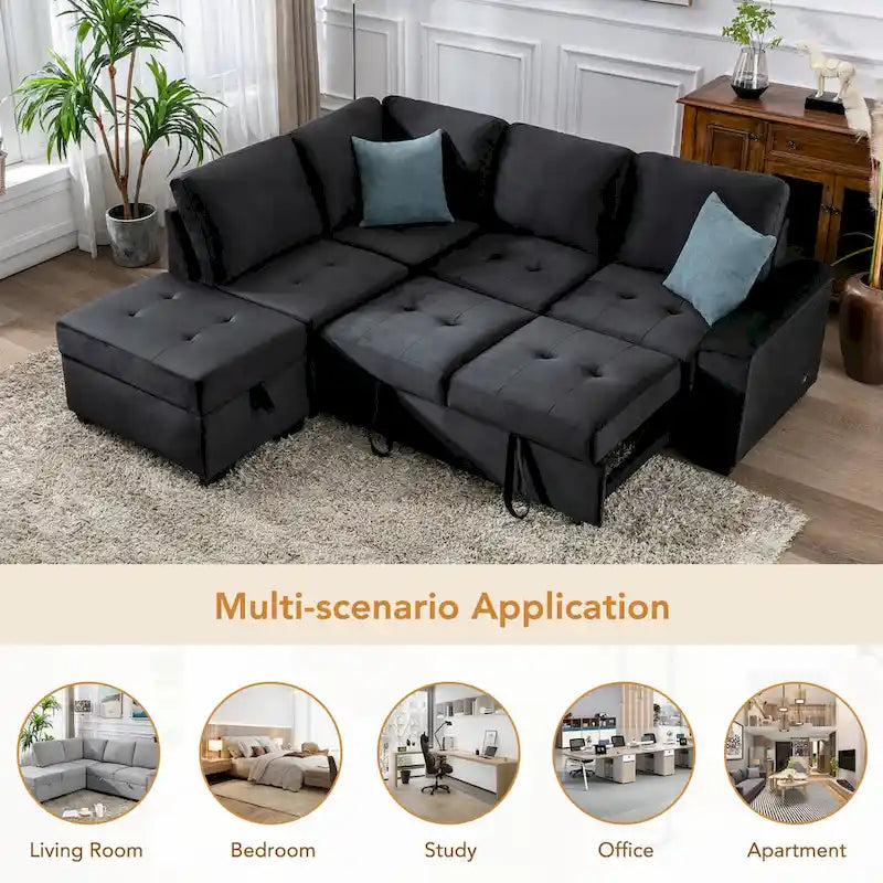 Canapé sectionnel 84.75 en forme de L 5 places avec lit escamotable, ottoman de rangement, rangement d'accoudoir dissimulé & charge USB