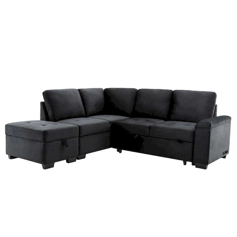Canapé sectionnel 84.75 en forme de L 5 places avec lit escamotable, ottoman de rangement, rangement d'accoudoir dissimulé & charge USB