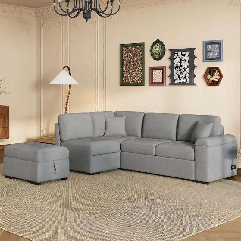 Canapé sectionnel 84.75 en forme de L 5 places avec lit escamotable, ottoman de rangement, rangement d'accoudoir dissimulé & charge USB