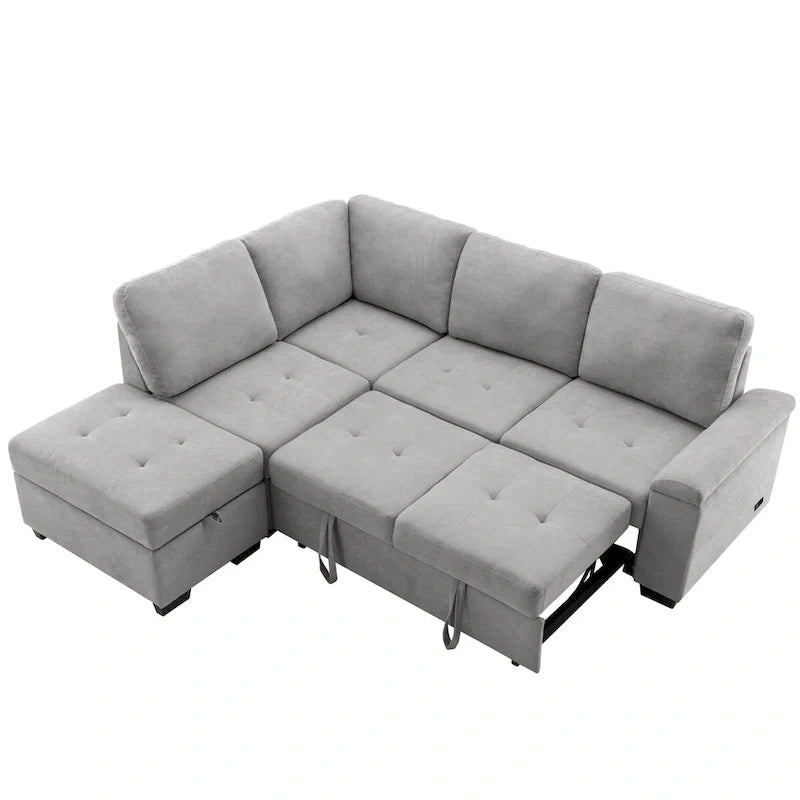 Canapé sectionnel 84.75 en forme de L 5 places avec lit escamotable, ottoman de rangement, rangement d'accoudoir dissimulé & charge USB