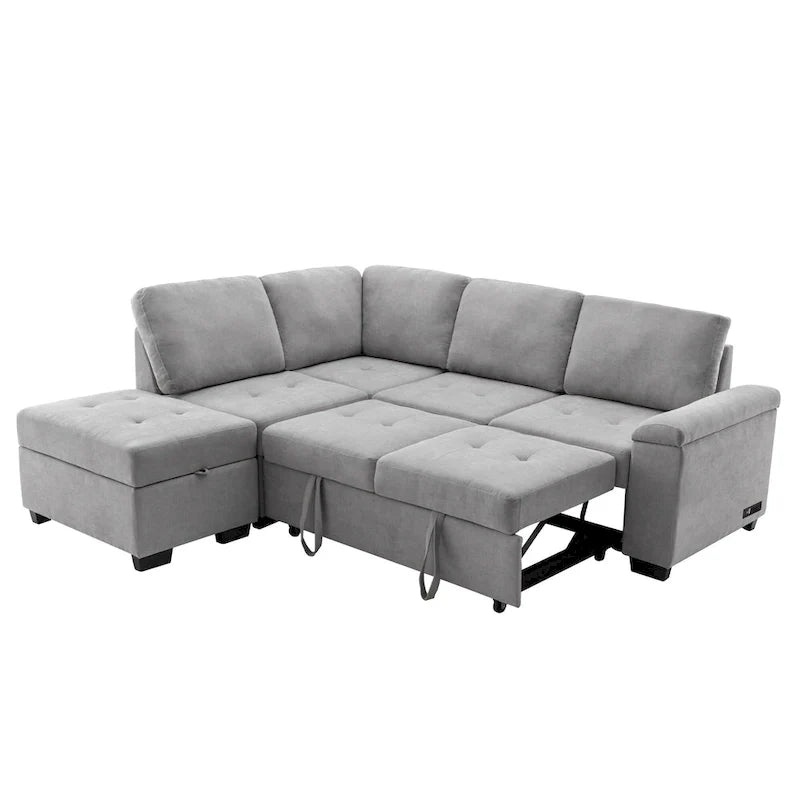 Canapé sectionnel 84.75 en forme de L 5 places avec lit escamotable, ottoman de rangement, rangement d'accoudoir dissimulé & charge USB