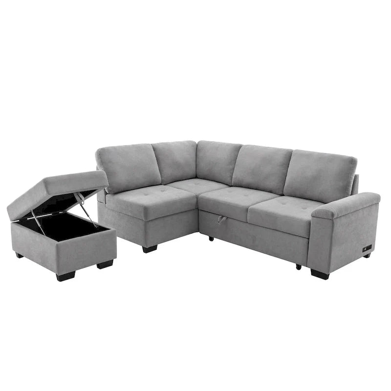 Canapé sectionnel 84.75 en forme de L 5 places avec lit escamotable, ottoman de rangement, rangement d'accoudoir dissimulé & charge USB