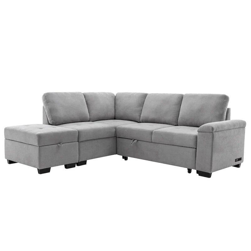 Canapé sectionnel 84.75 en forme de L 5 places avec lit escamotable, ottoman de rangement, rangement d'accoudoir dissimulé & charge USB