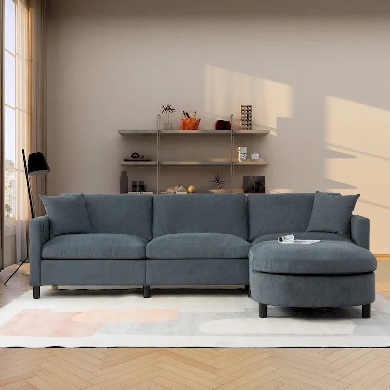 Canapé Sectionnel 4 Places Gris 107.87 pouces à Coussins Amovibles avec Pouf Mobile, Accoudoir de Rangement