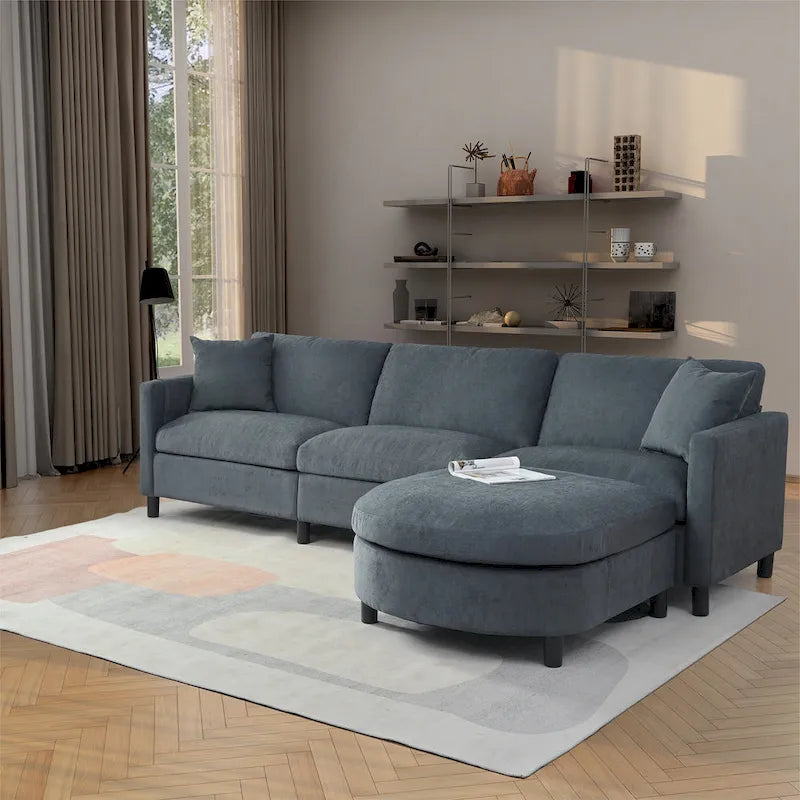 Canapé Sectionnel 4 Places Gris 107.87 pouces avec Coussins Amovibles, Pouf Mobile et Accoudoir de Rangement