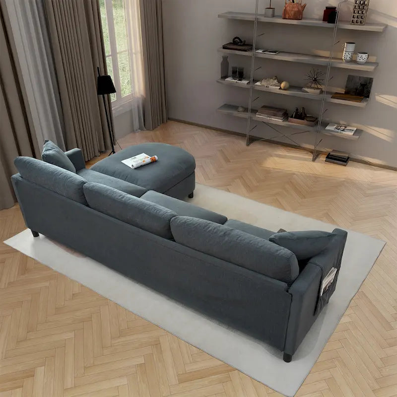 Canapé Sectionnel 4 Places Gris 107.87 pouces avec Coussins Amovibles, Pouf Mobile et Accoudoir de Rangement